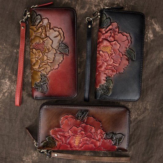 Blossom Elegance Leather Wristlet - Retro Long Wallet