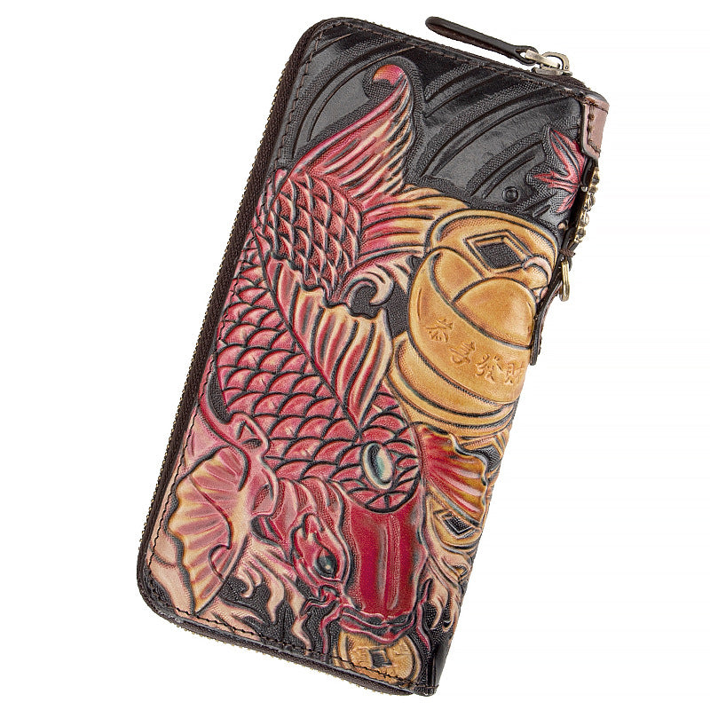 Mythical Koi: Harmony Hand-Carved Leather Wallet