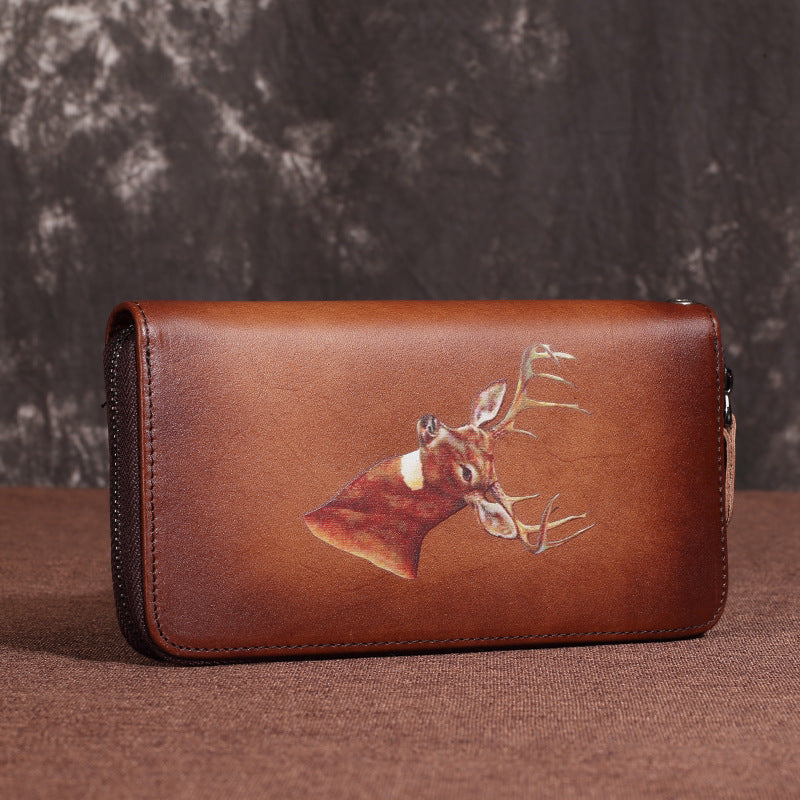 Rustic Charm: Mid-Length Deer Embossed Leather Wallet