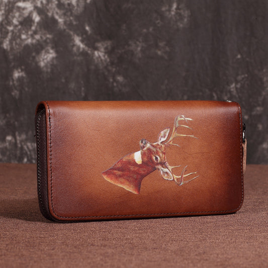 Rustic Charm: Mid-Length Deer Embossed Leather Wallet