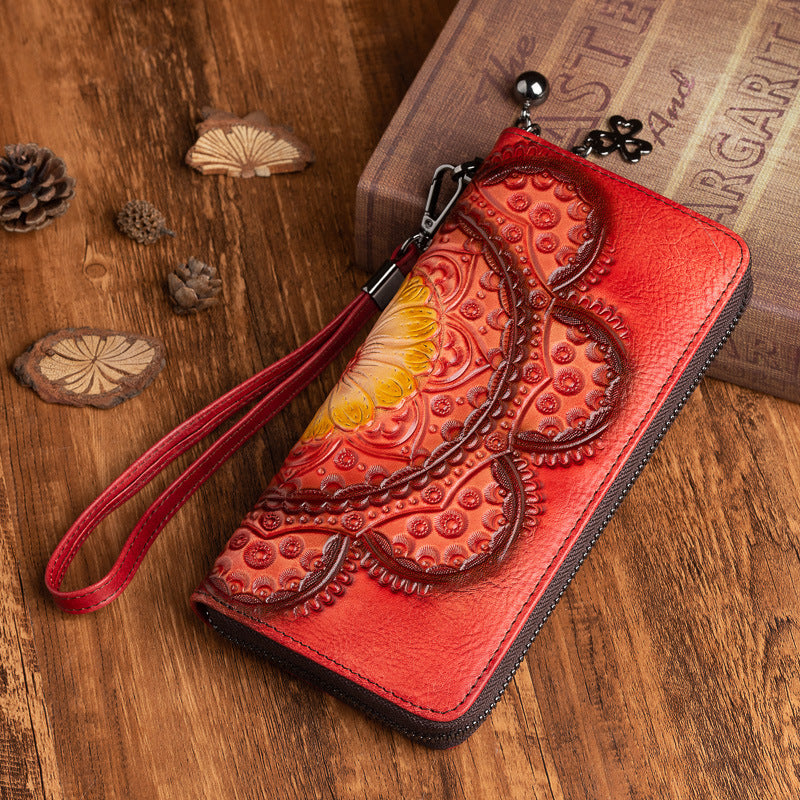 Retro Embossed Elegance: First Layer Cowhide Leather Wallet for Women