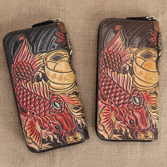 Mythical Koi: Harmony Hand-Carved Leather Wallet
